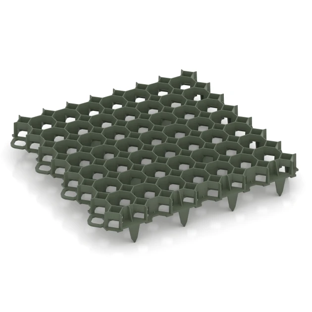 Plastgitter til underlag von WARCO im Farbdesign Matgrøn mit den Abmessungen 47,6 × 47,6 × 4 cm | 0,226 m². Produktfoto von Artikel 3634 in der Aufsicht von schräg vorne.
