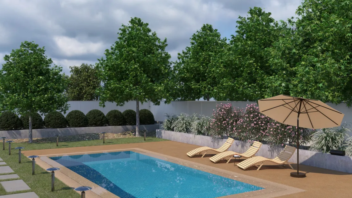 Beispielhafte Verlegung für den Artikel 2738 von WARCO - Poolflise, Farbton Rattan Lounge in der Abmessung 500 x 500 x 30 mm.
