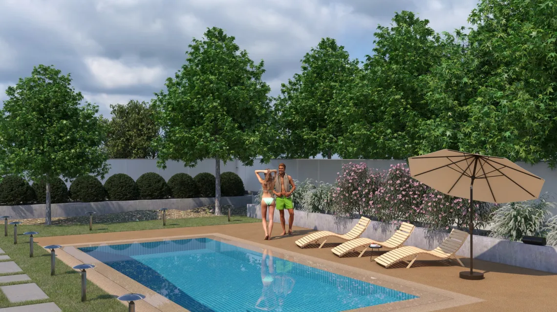 Beispielhafte Verlegung für den Artikel 2931 von WARCO - Poolflise, Farbton Rattan Lounge in der Abmessung 500 x 500 x 40 mm.