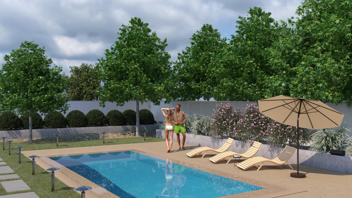 Beispielhafte Verlegung für den Artikel 6108 von WARCO - Poolflise fugfri, Farbton Travertin in der Abmessung 30,6 x 30,6 x 3 cm | 0,094 m².