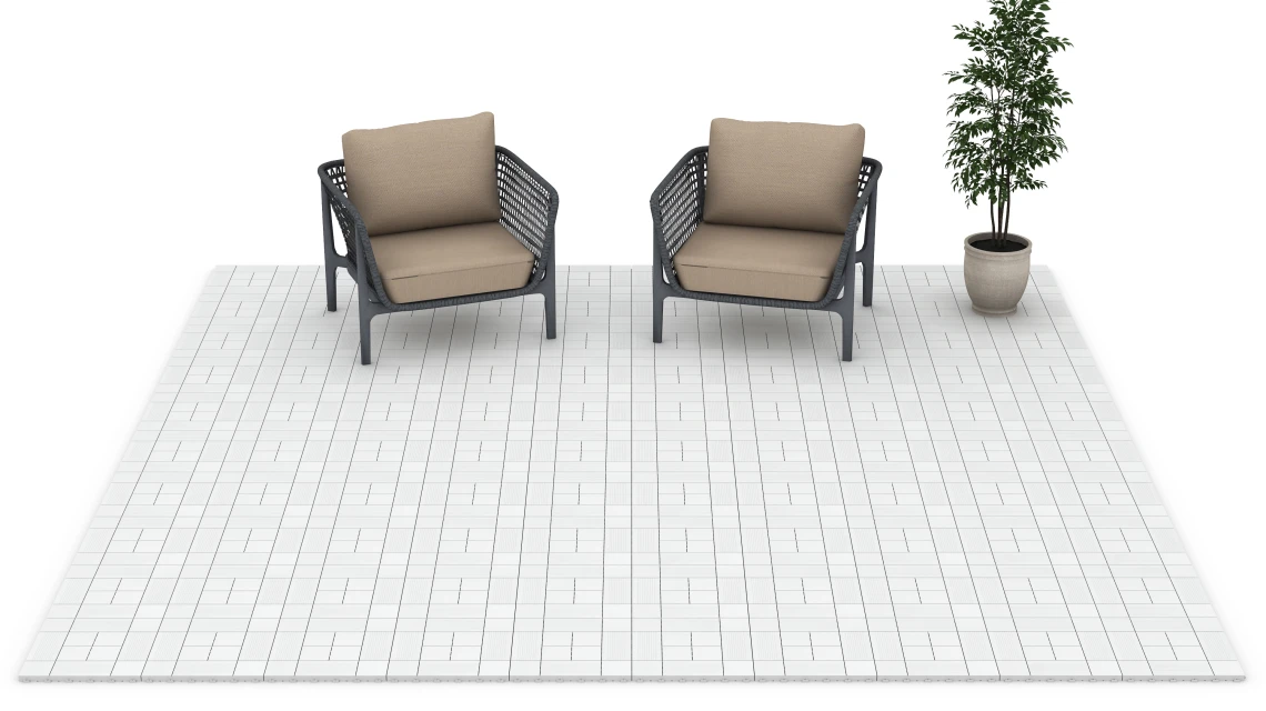 Beispielhafte Verlegung für den Artikel 6235 von WARCO - Panelmønster – Terrassefliser, Farbton Kridt in der Abmessung 38,5 x 38,5 x 2 cm.