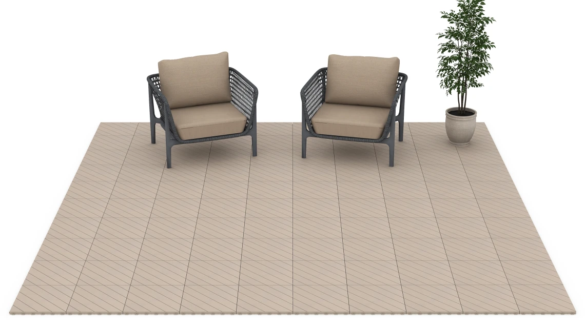 Beispielhafte Verlegung für den Artikel 6327 von WARCO - Sildebensmønster – Terrassefliser, Farbton Vanilje in der Abmessung 38,5 x 38,5 x 2 cm.