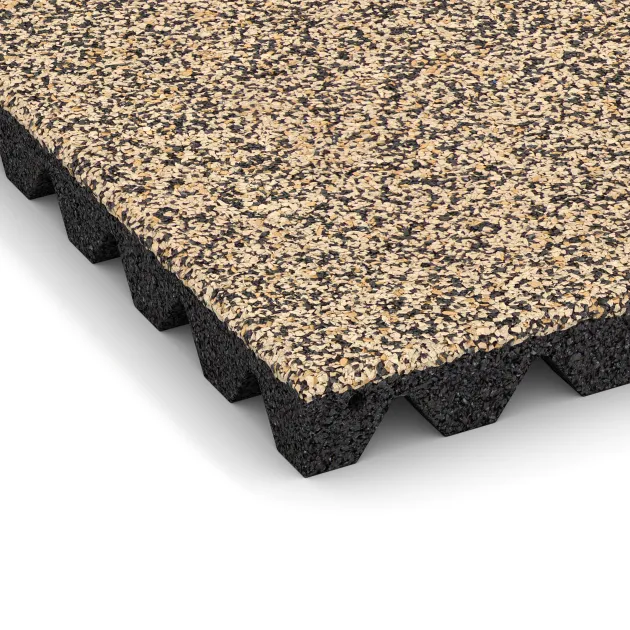 Detailaufnahme der Randausprägung von WARCO-Produkt 5550, Faldunderlag – gummiflise 4,5 cm - EN 1177 ≤ 135 cm, Format 500 x 500 x 45 mm, Farbe Travertin.