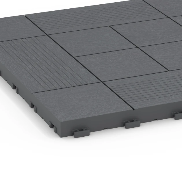 Detailaufnahme der Randausprägung von WARCO-Produkt 6237, Panelmønster – Terrassefliser, Format 38,5 x 38,5 x 2 cm, Farbe Sølvgrå.