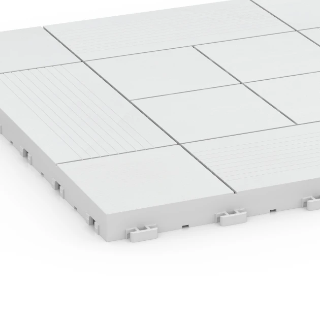 Detailaufnahme der Randausprägung von WARCO-Produkt 6235, Panelmønster – Terrassefliser, Format 38,5 x 38,5 x 2 cm, Farbe Kridt.