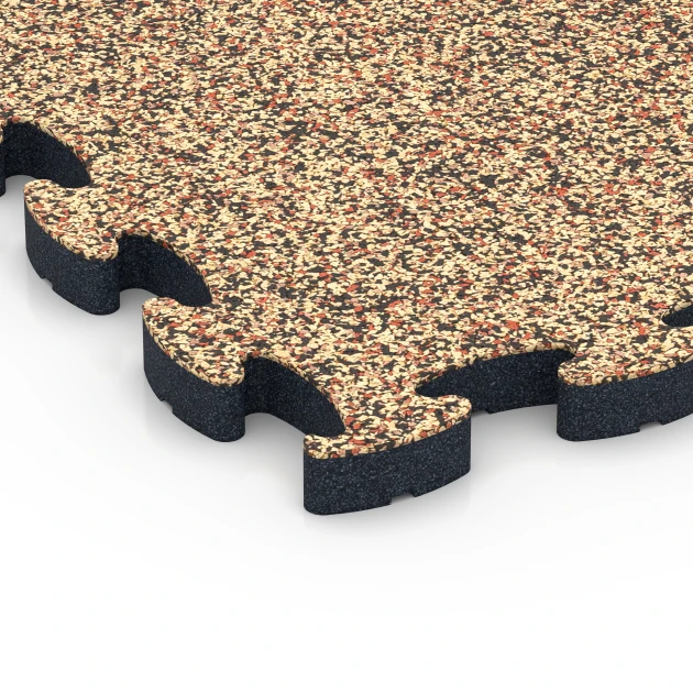 Detailaufnahme der Randausprägung von WARCO-Produkt 6880, Fitnessgulv Max System, Format 44,6 x 44,6 × 2,8 cm, Farbe Terrakotta.