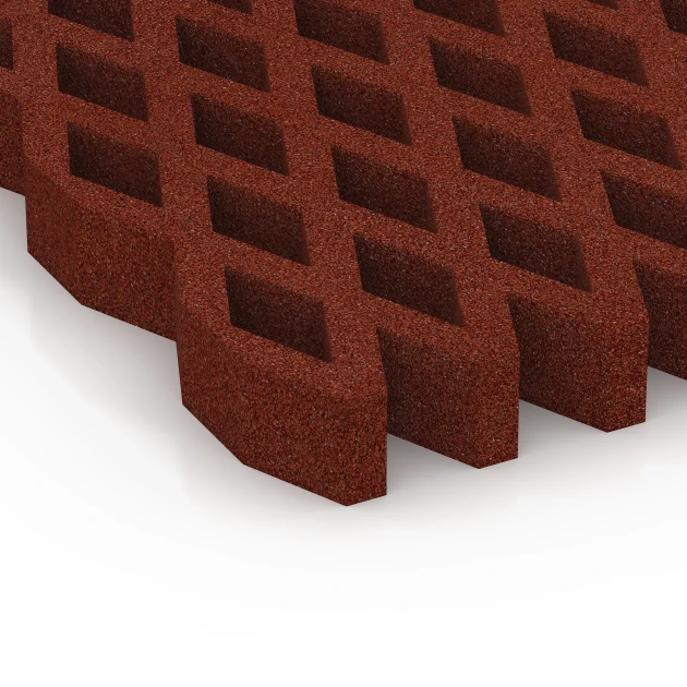 Detailaufnahme der Randausprägung von WARCO-Produkt 7013, Faldsikringsgræsrist, Format 100 × 100 × 8 cm, Farbe Murstenrød.
