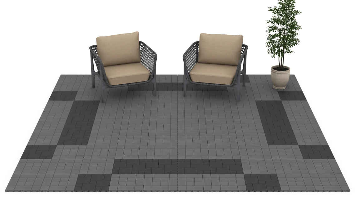 Beispielhafte Verlegung für den Artikel 6236 von WARCO - Panelmønster – Terrassefliser, Farbton Skifer in der Abmessung 38,5 x 38,5 x 2 cm.