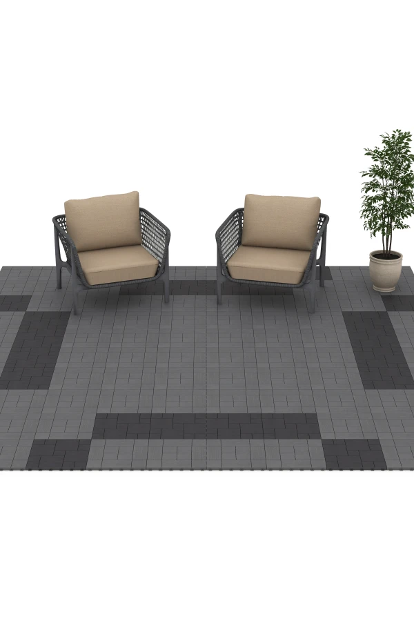 Beispielhafte Verlegung für den Artikel 6237 von WARCO - Panelmønster – Terrassefliser, Farbton Sølvgrå in der Abmessung 38,5 x 38,5 x 2 cm.