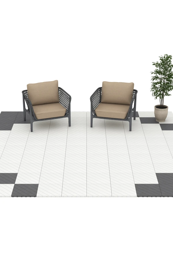 Beispielhafte Verlegung für den Artikel 6326 von WARCO - Sildebensmønster – Terrassefliser, Farbton Sølvgrå in der Abmessung 38,5 x 38,5 x 2 cm.