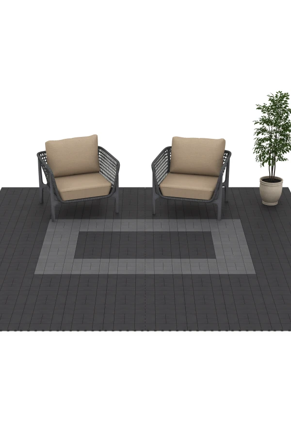 Beispielhafte Verlegung für den Artikel 6330 von WARCO - Blokmønster – Terrassefliser, Farbton Sølvgrå in der Abmessung 38,5 x 38,5 x 2 cm.