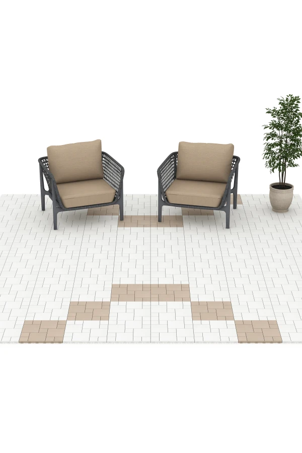 Beispielhafte Verlegung für den Artikel 6331 von WARCO - Blokmønster – Terrassefliser, Farbton Vanilje in der Abmessung 38,5 x 38,5 x 2 cm.