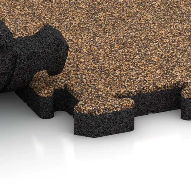 Großaufnahme vom Verbindungssystem von WARCO-Boden 2837 - Terrasseflise im Farbdesign Rattan. Abmessungen 500 x 500 x 40 mm.