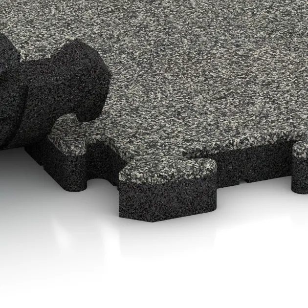 Großaufnahme vom Verbindungssystem von WARCO-Boden 3462 - Fitness Beskyttelsesmåtte im Farbdesign Grå Granit. Abmessungen 1000 x 1000 x 40 mm.