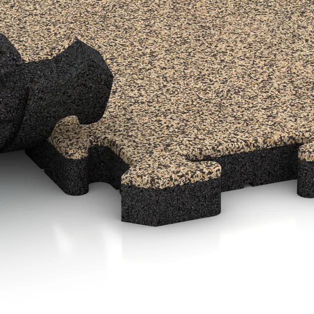Großaufnahme vom Verbindungssystem von WARCO-Boden 3414 - Fitness Beskyttelsesmåtte HD im Farbdesign Travertin. Abmessungen 1000 x 1000 x 40 mm.