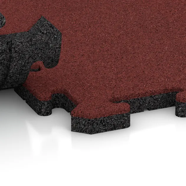 Großaufnahme vom Verbindungssystem von WARCO-Boden 5297 - Poolflise im Farbdesign Korallerød. Abmessungen 500 x 500 x 30 mm.