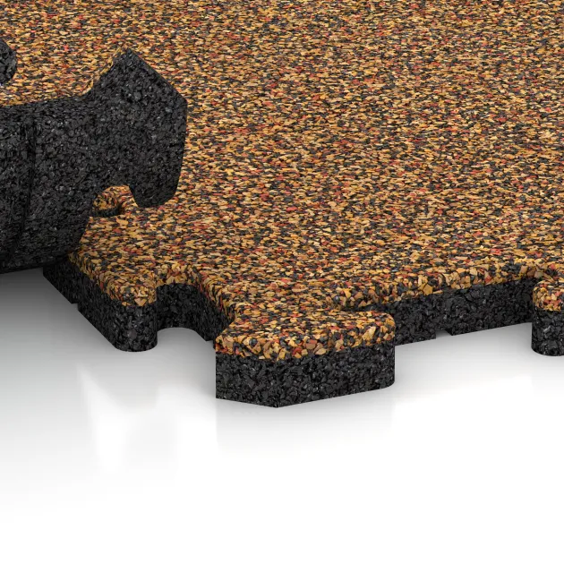 Großaufnahme vom Verbindungssystem von WARCO-Boden 3230 - Fitness Beskyttelsesmåtte HD im Farbdesign Terra Cotta. Abmessungen 1000 x 1000 x 30 mm.