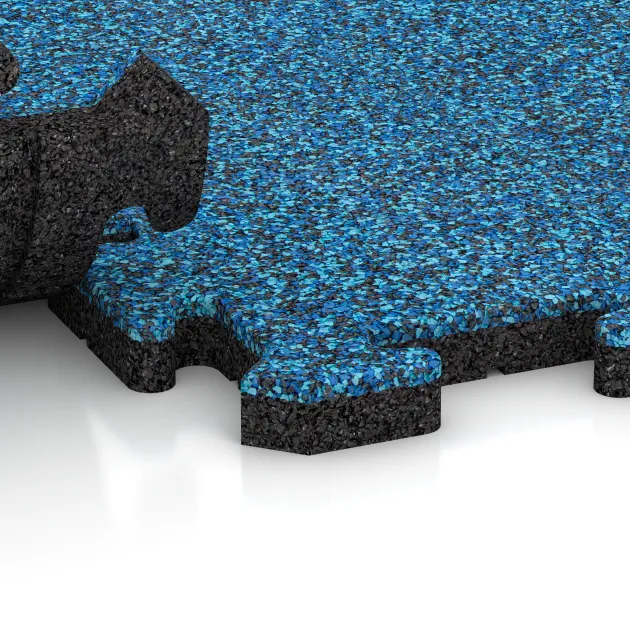 Großaufnahme vom Verbindungssystem von WARCO-Boden 3320 - Fitness Beskyttelsesmåtte im Farbdesign Atlantic. Abmessungen 1000 x 1000 x 30 mm.