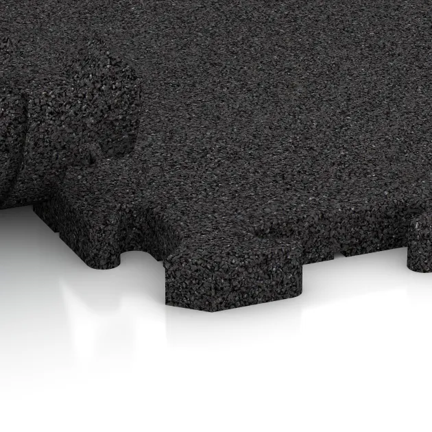 Großaufnahme vom Verbindungssystem von WARCO-Boden 3330 - Fitness Beskyttelsesmåtte HD im Farbdesign Anthracite. Abmessungen 1000 x 1000 x 30 mm.