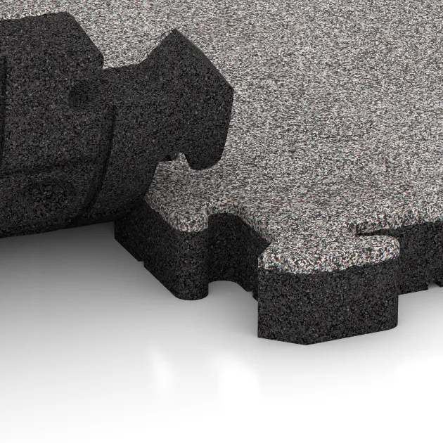 Großaufnahme vom Verbindungssystem von WARCO-Boden 4563 - Gummibelægning til sport HD im Farbdesign Grå Melange. Abmessungen 500 x 500 x 50 mm.