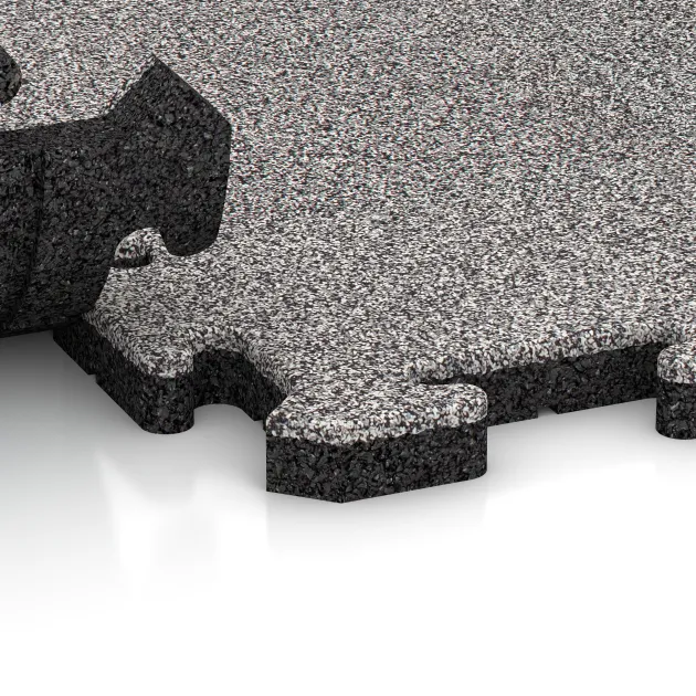Großaufnahme vom Verbindungssystem von WARCO-Boden 4848 - Hjørneplade im Farbdesign Grå Melange. Abmessungen 235 x 235 x 30 mm.