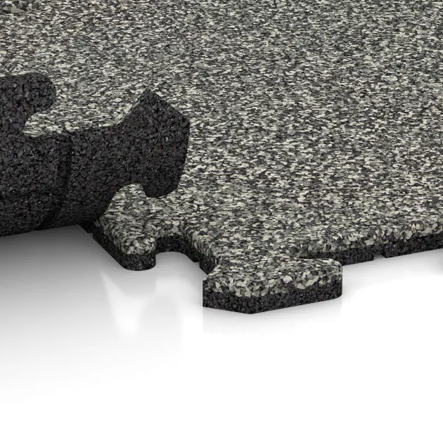 Großaufnahme vom Verbindungssystem von WARCO-Boden 0048 - Gulvflise 1,8 cm im Farbdesign Grå Granit. Abmessungen 500 x 500 x 18 mm.