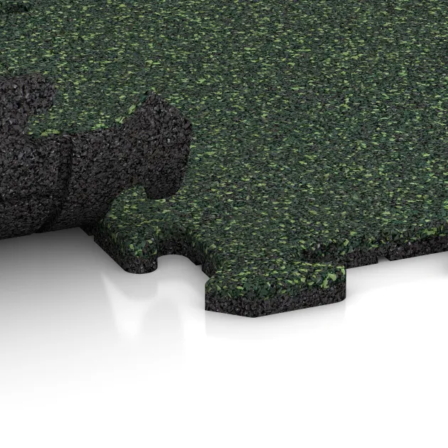 Großaufnahme vom Verbindungssystem von WARCO-Boden 0050 - Gulvflise 1,8 cm im Farbdesign Engelsk Græs. Abmessungen 500 x 500 x 18 mm.