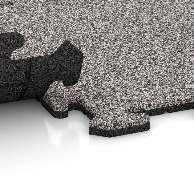 Großaufnahme vom Verbindungssystem von WARCO-Boden 4585 - Sportsplade 1,8 cm im Farbdesign Grå Melange. Abmessungen 500 x 500 x 18 mm.