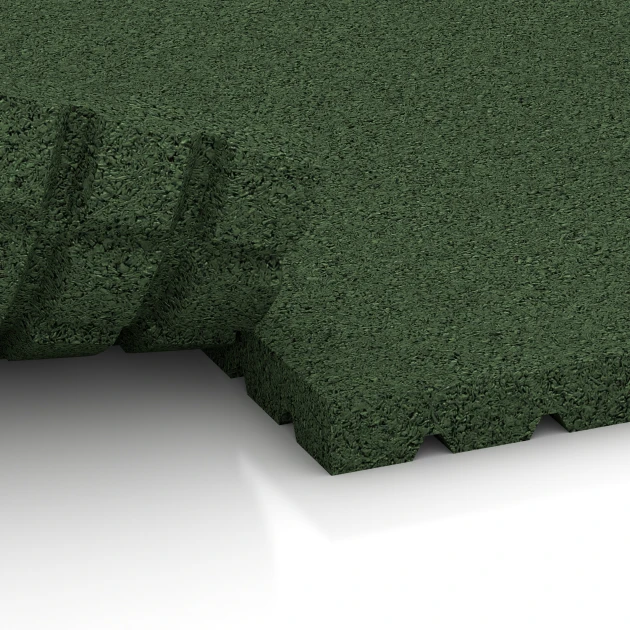 Großaufnahme vom Verbindungssystem von WARCO-Boden 3642 - Staldmåtte HD im Farbdesign Græsgrøn. Abmessungen 100 x 100 x 4 cm.