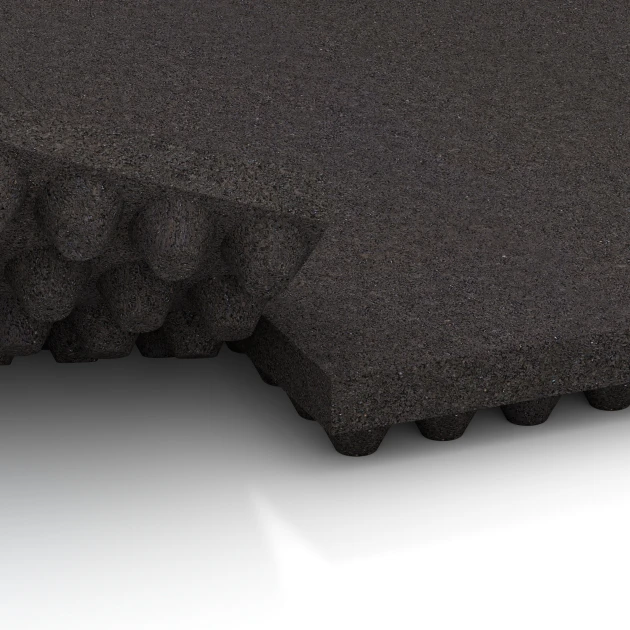 Großaufnahme vom Verbindungssystem von WARCO-Boden 3643 - Luksus staldmåtte im Farbdesign Antracit. Abmessungen 100 × 50 × 5,5 cm.