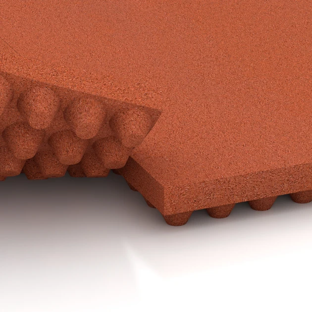 Großaufnahme vom Verbindungssystem von WARCO-Boden 3644 - Luksus staldmåtte im Farbdesign Murstenrød. Abmessungen 100 × 50 × 5,5 cm.
