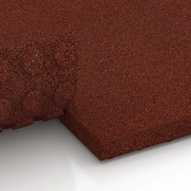 Großaufnahme vom Verbindungssystem von WARCO-Boden 6649 - Staldflise Luksus im Farbdesign Murstenrød. Abmessungen 100 x 50 x 5 cm.