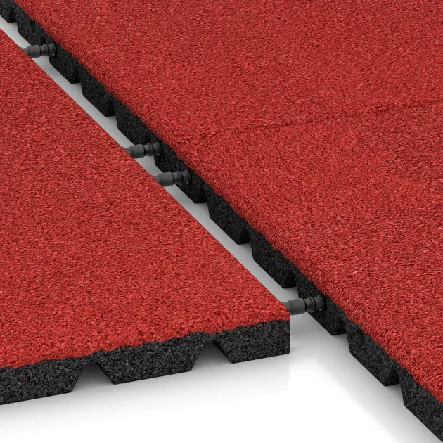 Großaufnahme vom Verbindungssystem von WARCO-Boden 5474 - Faldunderlag – gummiflise 3 cm - EN 1177 ≤ 100 cm im Farbdesign Rose. Abmessungen 500 x 500 x 30 mm.