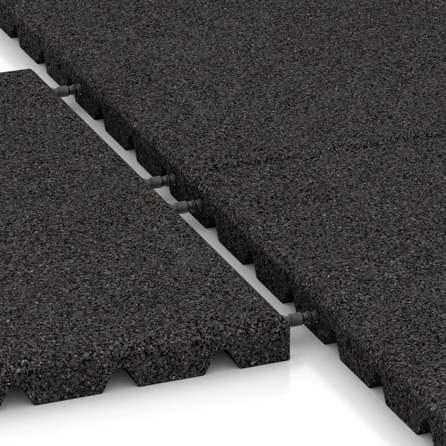 Großaufnahme vom Verbindungssystem von WARCO-Boden 5462 - Faldunderlag – gummiflise 3 cm - EN 1177 ≤ 100 cm im Farbdesign Anthracite. Abmessungen 500 x 500 x 30 mm.