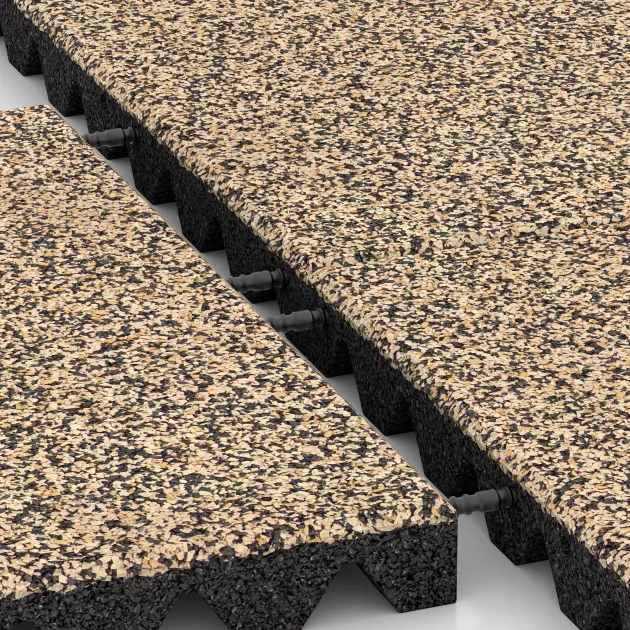 Großaufnahme vom Verbindungssystem von WARCO-Boden 5550 - Faldunderlag – gummiflise 4,5 cm - EN 1177 ≤ 135 cm im Farbdesign Travertin. Abmessungen 500 x 500 x 45 mm.