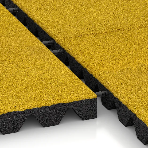 Großaufnahme vom Verbindungssystem von WARCO-Boden 5537 - Faldunderlag – gummiflise 4,5 cm - EN 1177 ≤ 135 cm im Farbdesign Citrongul. Abmessungen 500 x 500 x 45 mm.