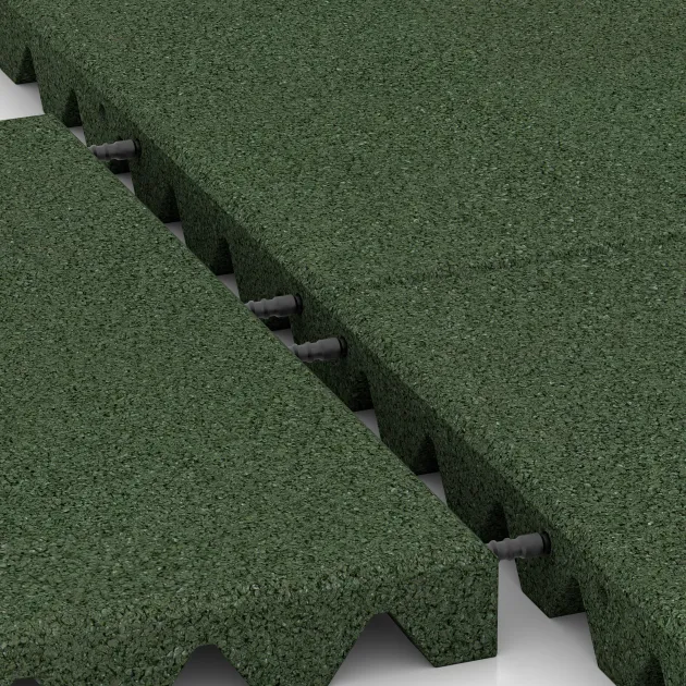 Großaufnahme vom Verbindungssystem von WARCO-Boden 3864 - Schallschutzplatte im Farbdesign Græsgrøn. Abmessungen 500 x 500 x 45 mm.