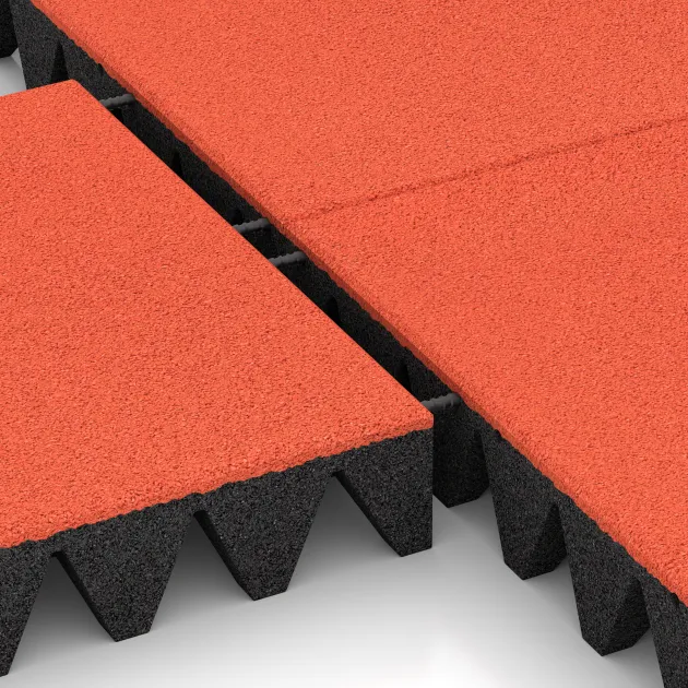 Großaufnahme vom Verbindungssystem von WARCO-Boden 5639 - Faldunderlag – gummiflise 10 cm - EN 1177 ≤ 300 cm im Farbdesign Lys Rød-Orange. Abmessungen 500 x 500 x 100 mm.