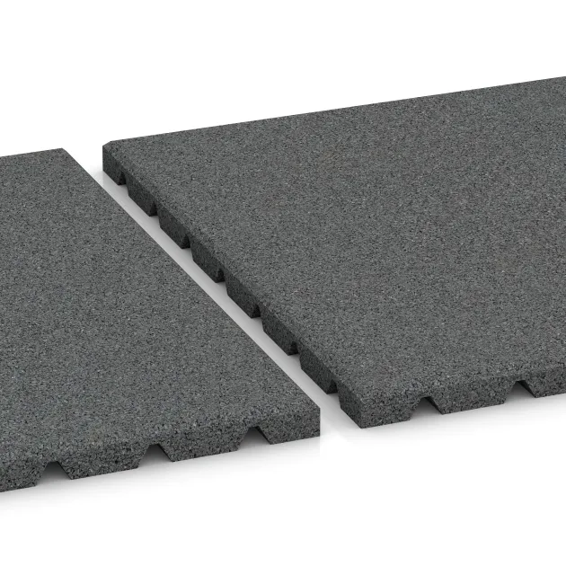 Großaufnahme vom Verbindungssystem von WARCO-Boden 0535 - Terrasseflise 2,5 cm im Farbdesign Skifergrå. Abmessungen 500 x 500 x 25 mm.