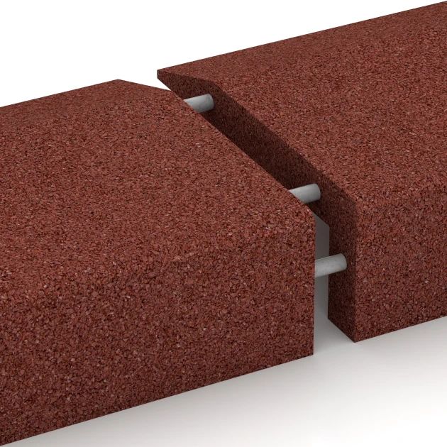 Großaufnahme vom Verbindungssystem von WARCO-Boden 2606 - Gummikant til legeplads – L-formet kantsten im Farbdesign Murstenrød. Abmessungen 100 × 40 cm | 5/15 cm.