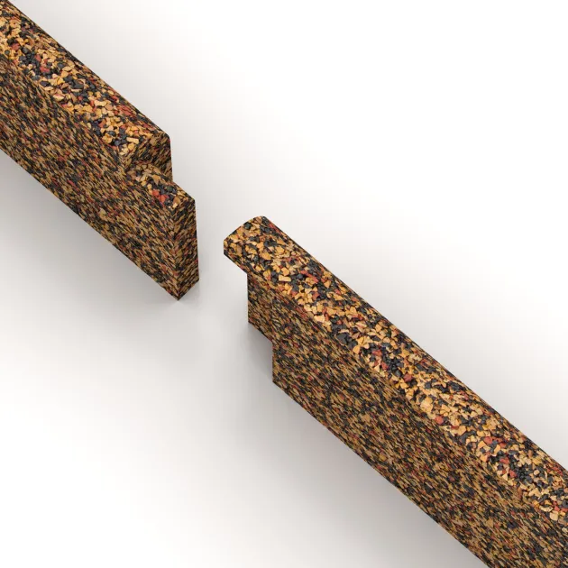 Großaufnahme vom Verbindungssystem von WARCO-Boden 2250 - Gulvliste im Farbdesign Terra Cotta. Abmessungen 750 x 20 x 80 mm.