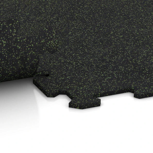 Großaufnahme vom Verbindungssystem von WARCO-Boden 1058 - Fitnessgulv Kompakt im Farbdesign Let Grøn Sprøjtet. Abmessungen 970 x 970 x 8 mm | 0,94 m.