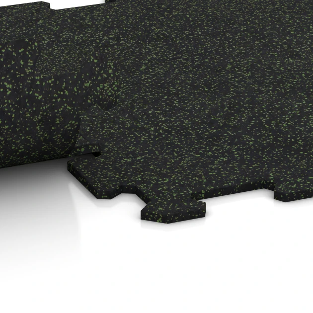 Großaufnahme vom Verbindungssystem von WARCO-Boden 0921 - Fitnessgulv Kompakt im Farbdesign Let Grøn Sprøjtet. Abmessungen 485 x 485 x 8 mm | 0,235 m².