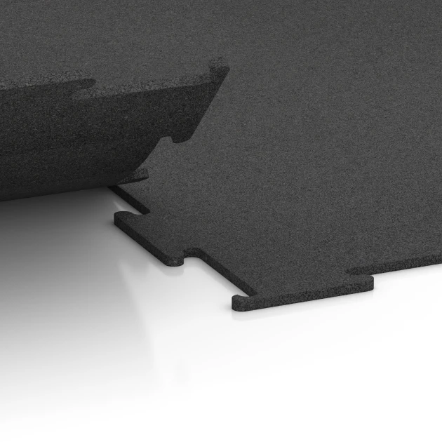 Großaufnahme vom Verbindungssystem von WARCO-Boden 6449 - Fitnessgulv Kompakt im Farbdesign Antracit. Abmessungen 100 × 100 × 0,8 cm.