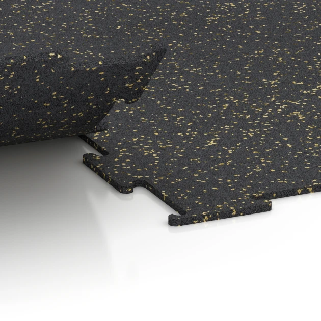 Großaufnahme vom Verbindungssystem von WARCO-Boden 6454 - Fitnessgulv Kompakt im Farbdesign Let Gul Sprøjtet. Abmessungen 100 × 100 × 0,8 cm.