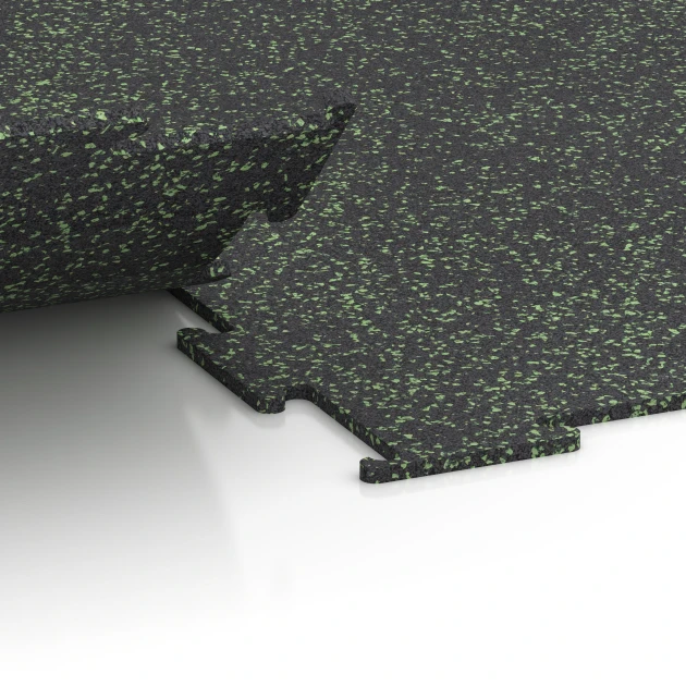Großaufnahme vom Verbindungssystem von WARCO-Boden 6459 - Fitnessgulv Kompakt im Farbdesign Let Grøn Sprøjtet. Abmessungen 50 × 50 × 0,8 cm.