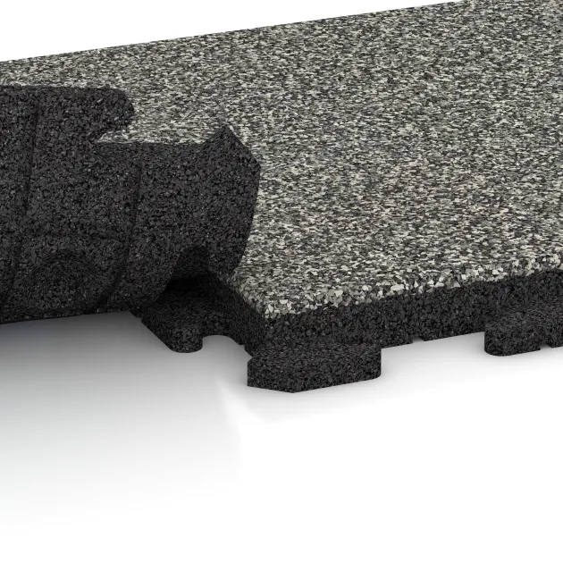 Großaufnahme vom Verbindungssystem von WARCO-Boden 1298 - Gangfliser Classic im Farbdesign Grå Granit. Abmessungen 500 x 500 x 40 mm.