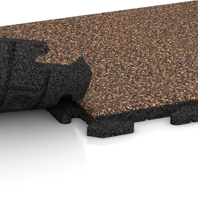 Großaufnahme vom Verbindungssystem von WARCO-Boden 1211 - Poolflise Klassisk im Farbdesign Bast & Bark. Abmessungen 500 x 500 x 30 mm.
