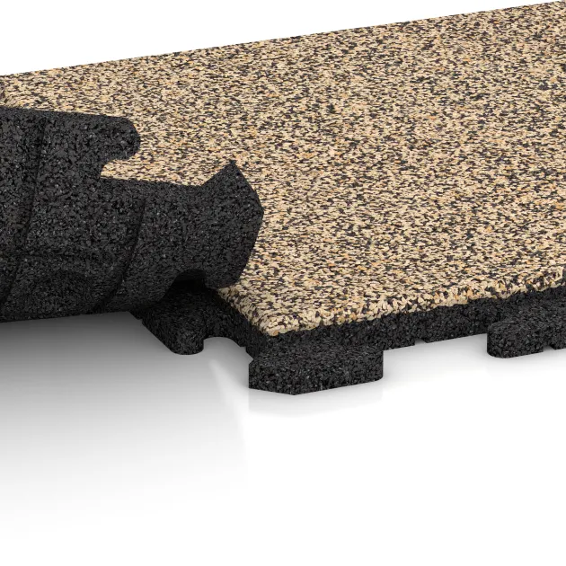 Großaufnahme vom Verbindungssystem von WARCO-Boden 1214 - Poolflise Klassisk im Farbdesign Travertin. Abmessungen 500 x 500 x 30 mm.