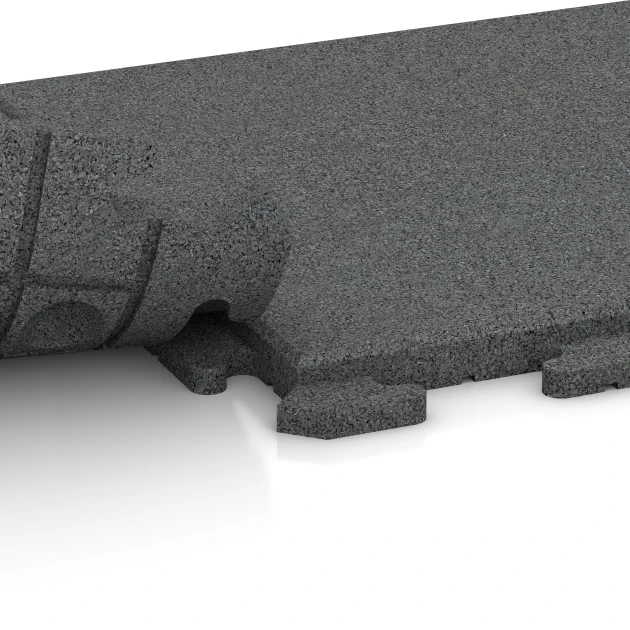 Großaufnahme vom Verbindungssystem von WARCO-Boden 5961 - Eventgulv im Farbdesign Skifergrå. Abmessungen 50 x 50 x 3 cm | 0,25 m².